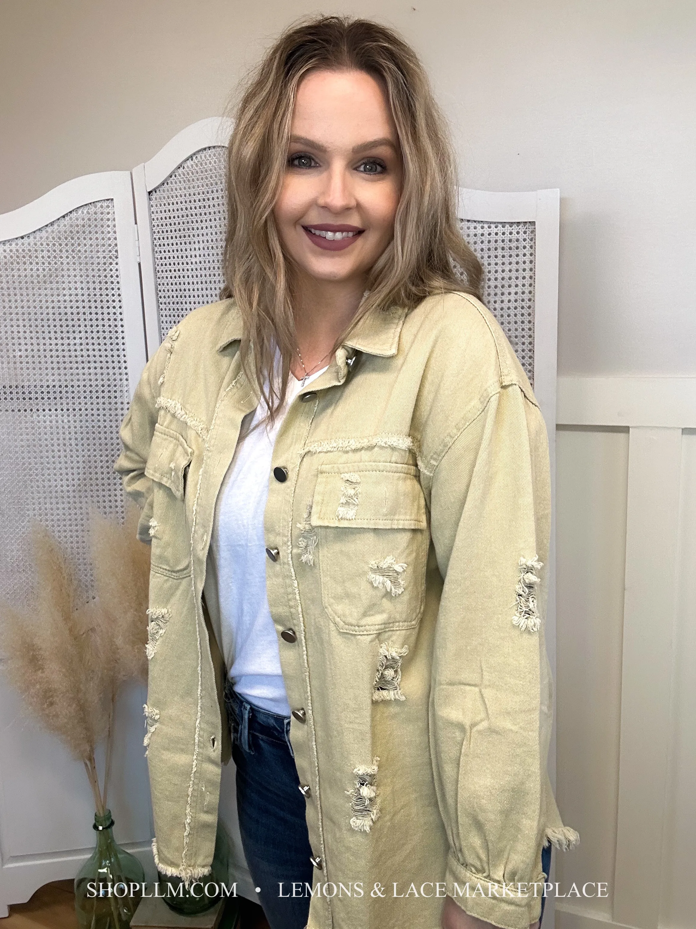 Khaki Tattered Frayed Denim Jacket