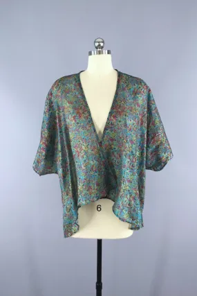 Kimono Cardigan / Vintage Sari / Aqua Floral