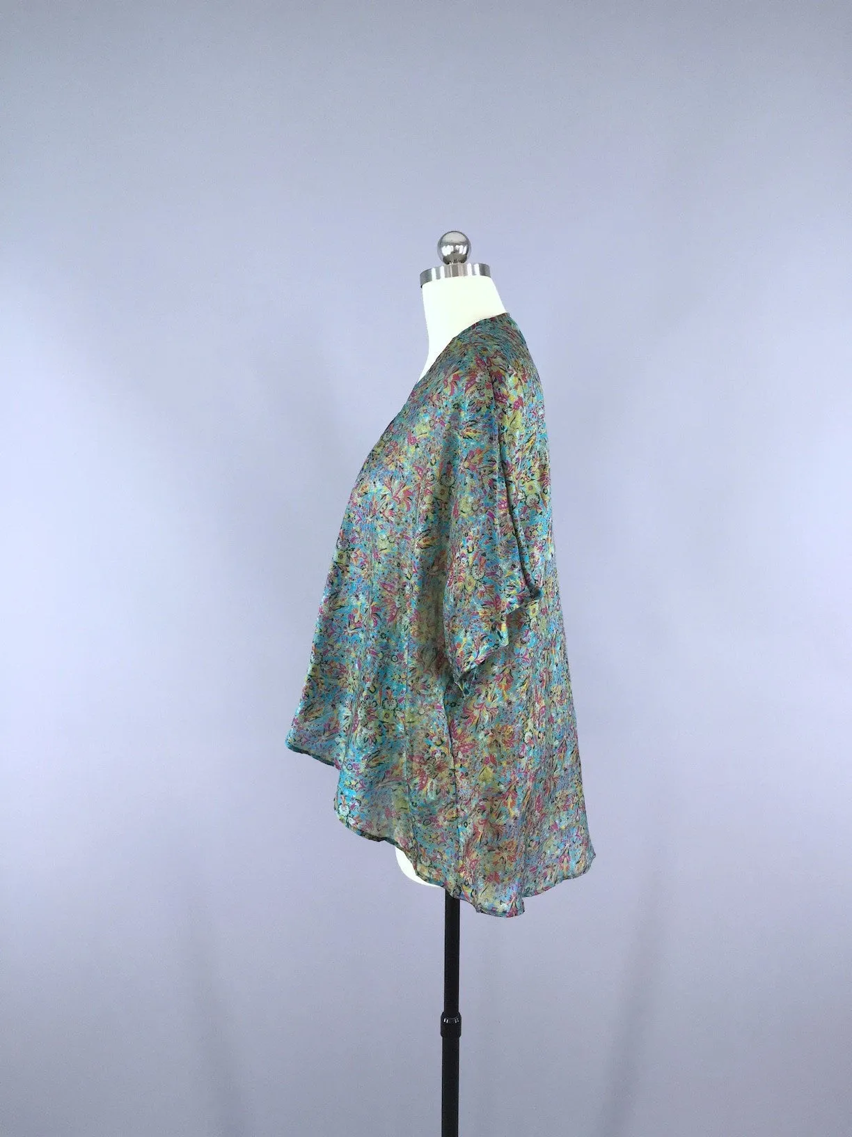 Kimono Cardigan / Vintage Sari / Aqua Floral