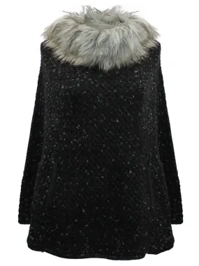 Knit Poncho With Faux Fur Neckline