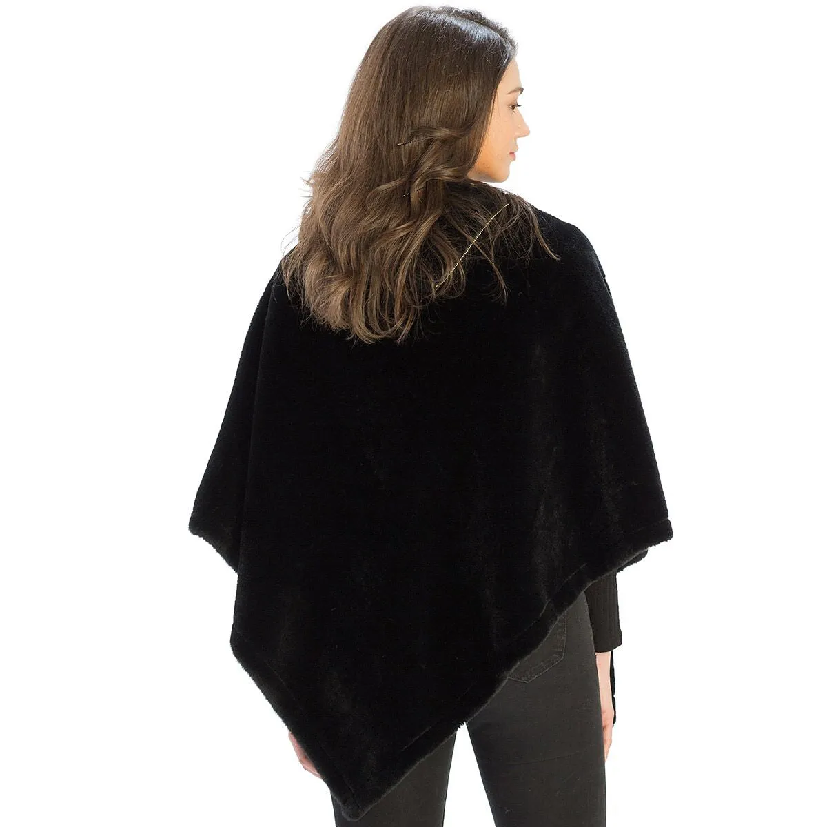 Le Moda Solid Fur Collar Poncho with Zipper