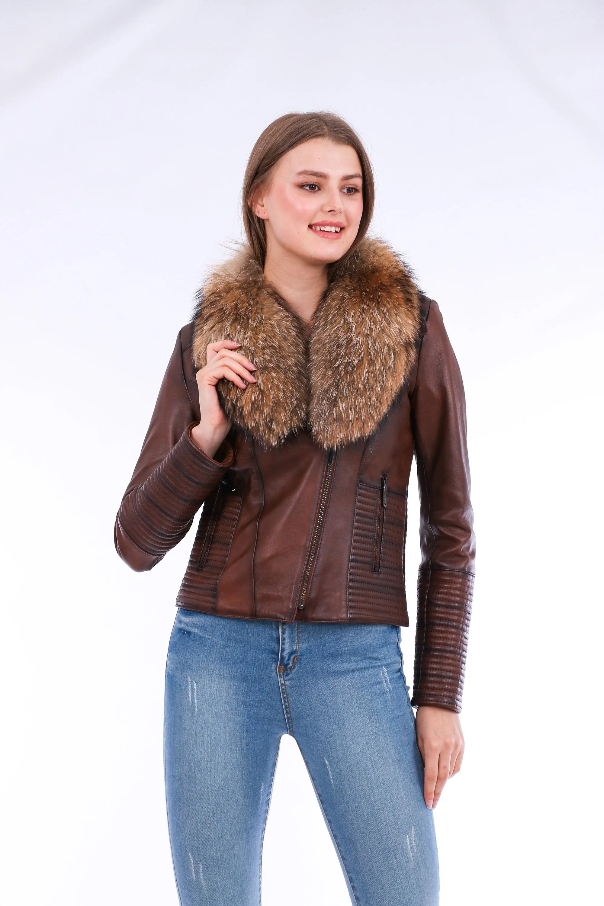 Leather Biker Jacket - Brown