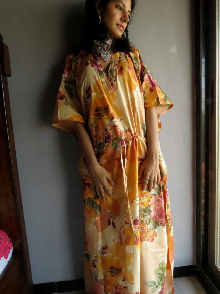 Light Peach Large Floral Blossom V-Neck, Ankle Length, Cinched Waist Caftan