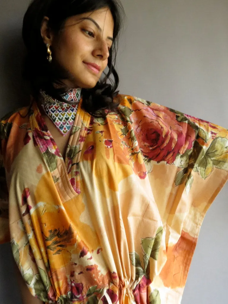 Light Peach Large Floral Blossom V-Neck, Ankle Length, Cinched Waist Caftan