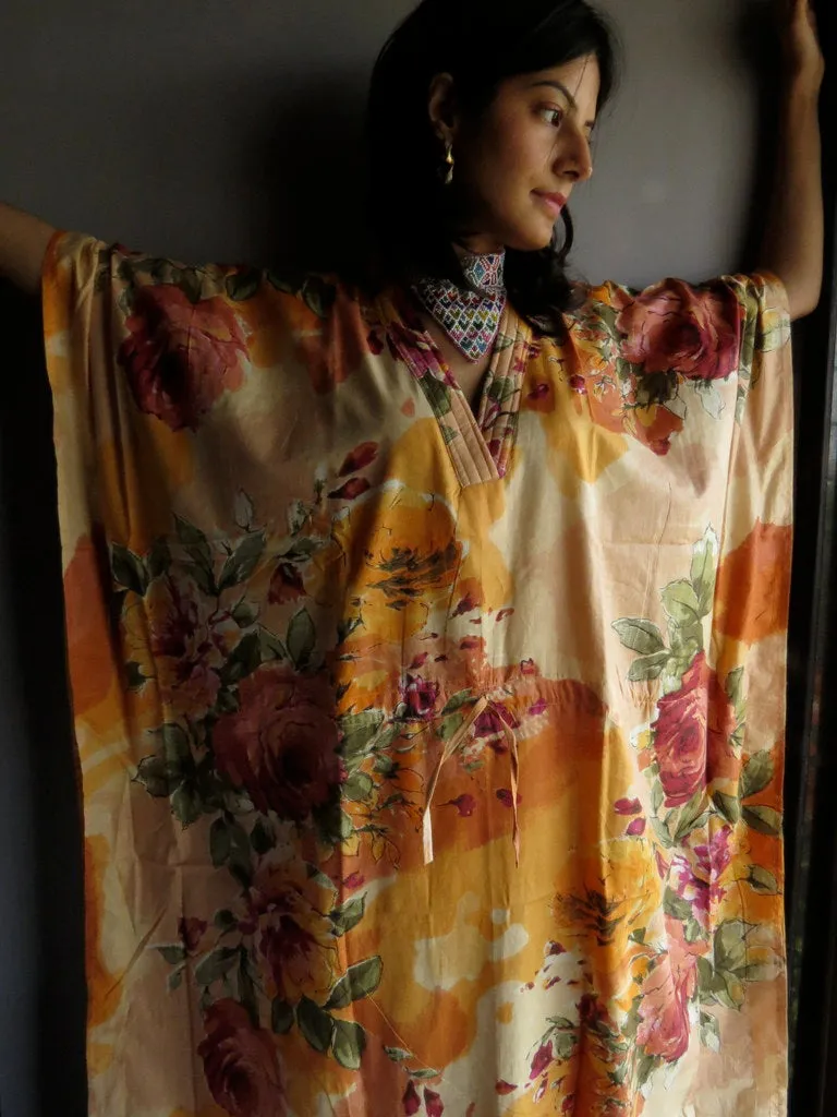 Light Peach Large Floral Blossom V-Neck, Ankle Length, Cinched Waist Caftan