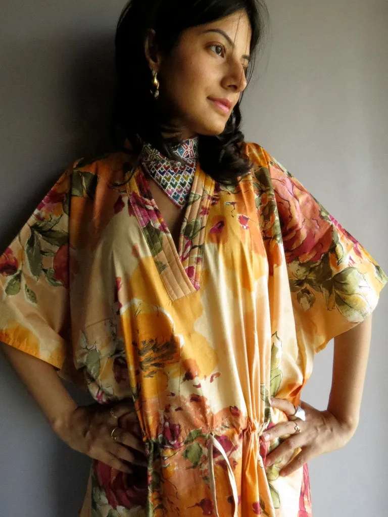 Light Peach Large Floral Blossom V-Neck, Ankle Length, Cinched Waist Caftan