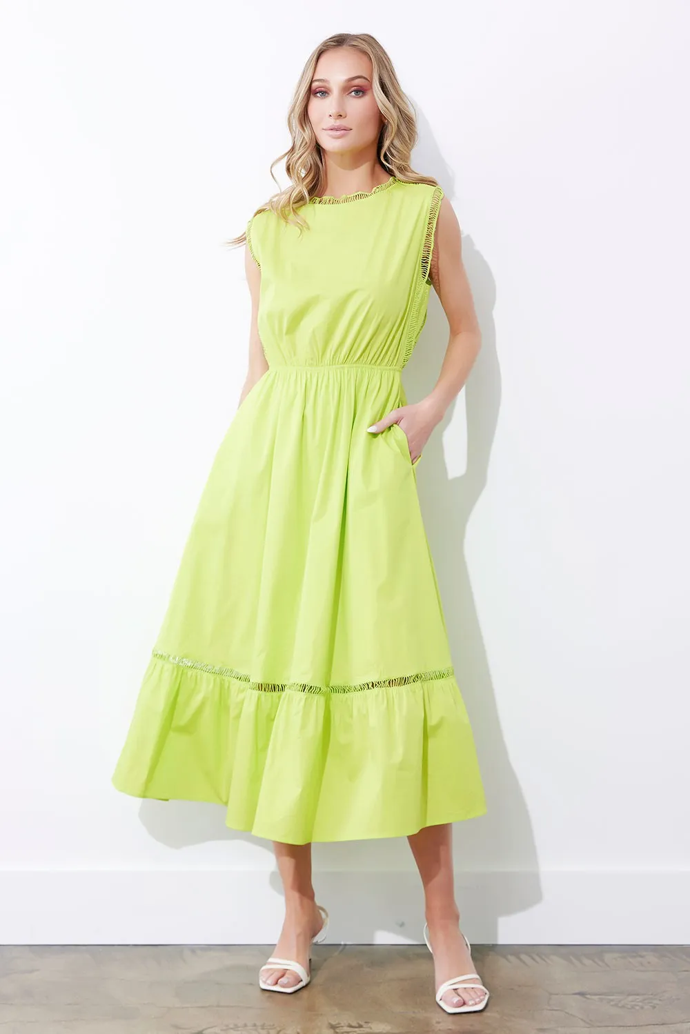 Lime Punch Ladder Trim Detail Poplin Dress