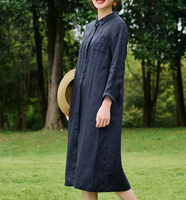 Linen Shirts Dresses long Women Linen Dress Waist Belt/9223