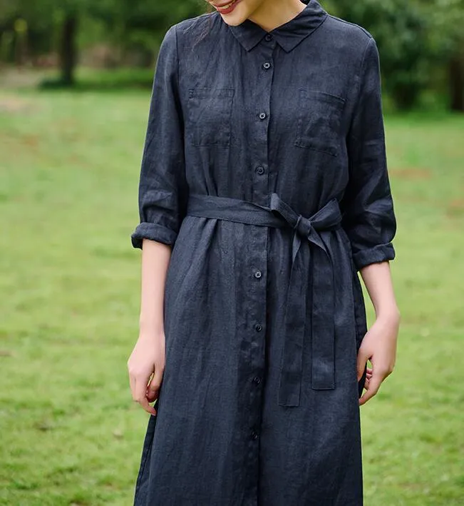 Linen Shirts Dresses long Women Linen Dress Waist Belt/9223