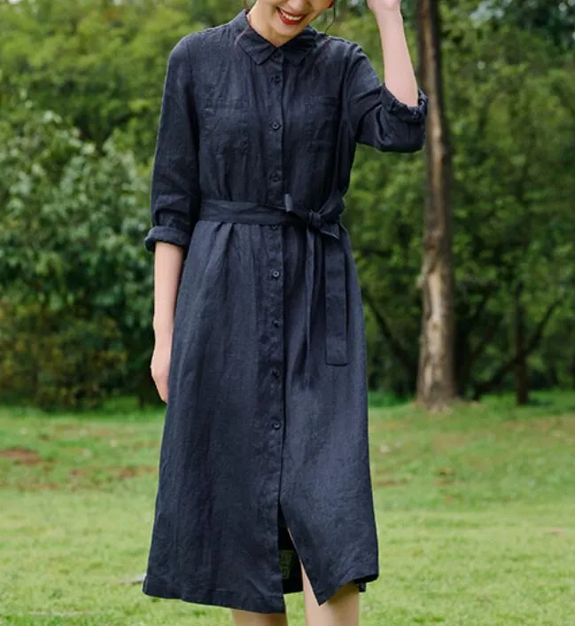 Linen Shirts Dresses long Women Linen Dress Waist Belt/9223