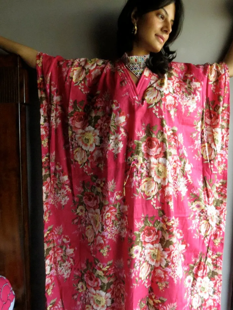 Magenta Rosy Red Posy V-Neck, Ankle Length, Cinched Waist Caftan