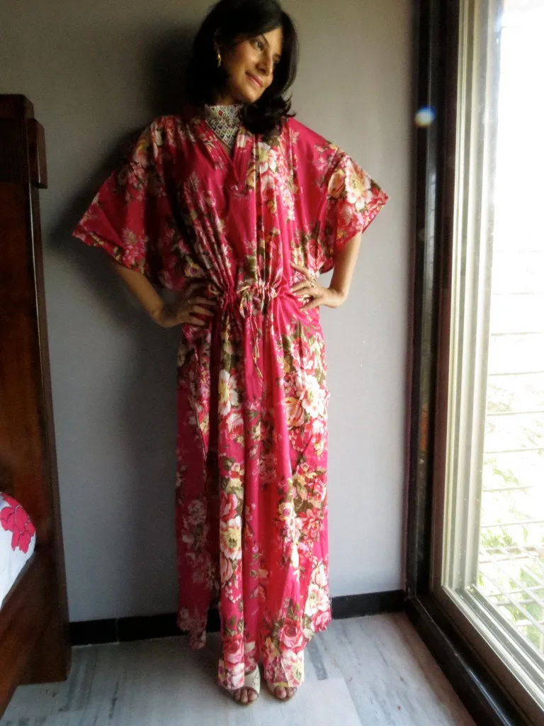 Magenta Rosy Red Posy V-Neck, Ankle Length, Cinched Waist Caftan