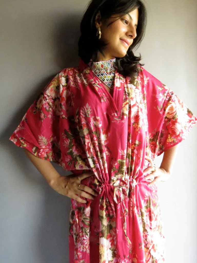 Magenta Rosy Red Posy V-Neck, Ankle Length, Cinched Waist Caftan