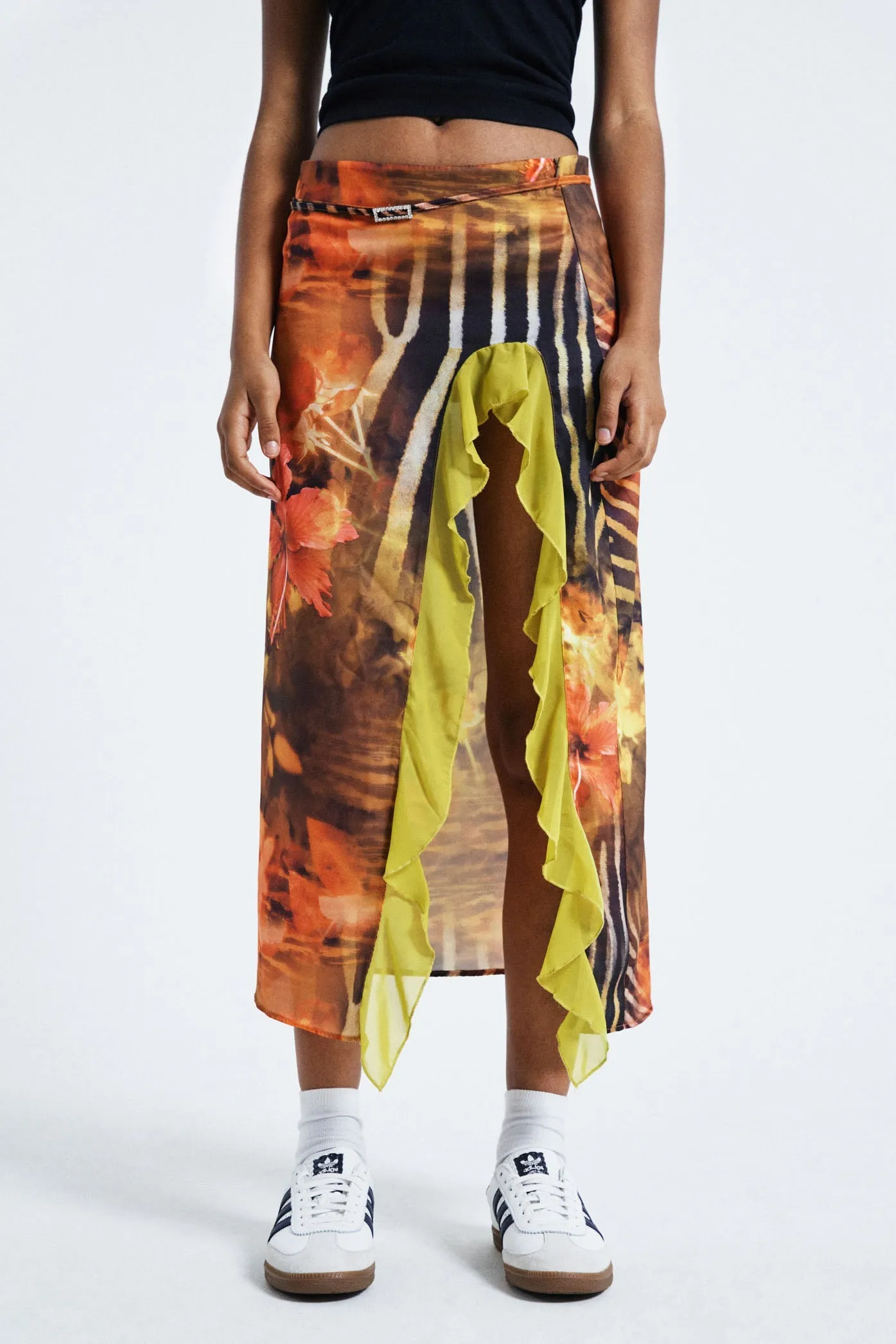 MARIE PRINT SPLIT MAXI SKIRT IN ORANGE