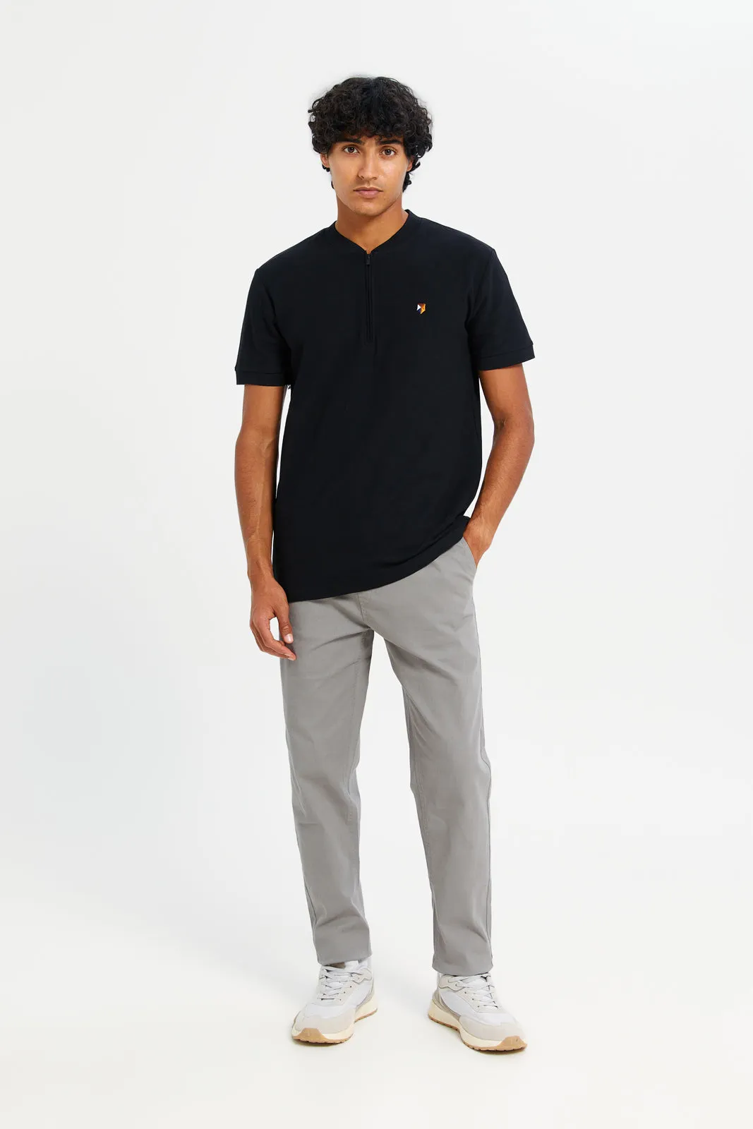 Men Black Henley Polo Shirt