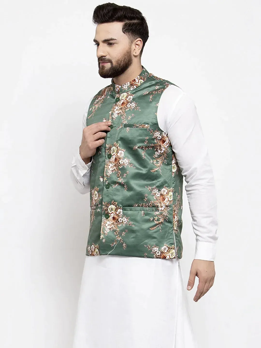 Men Green & Brown Printed Satin Nehru Jacket