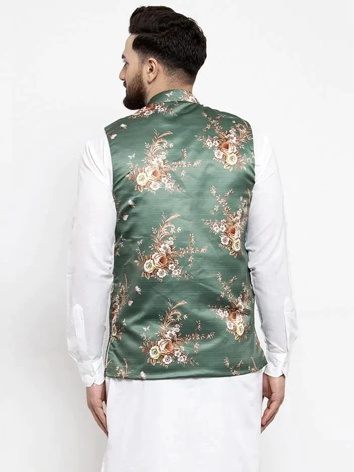 Men Green & Brown Printed Satin Nehru Jacket