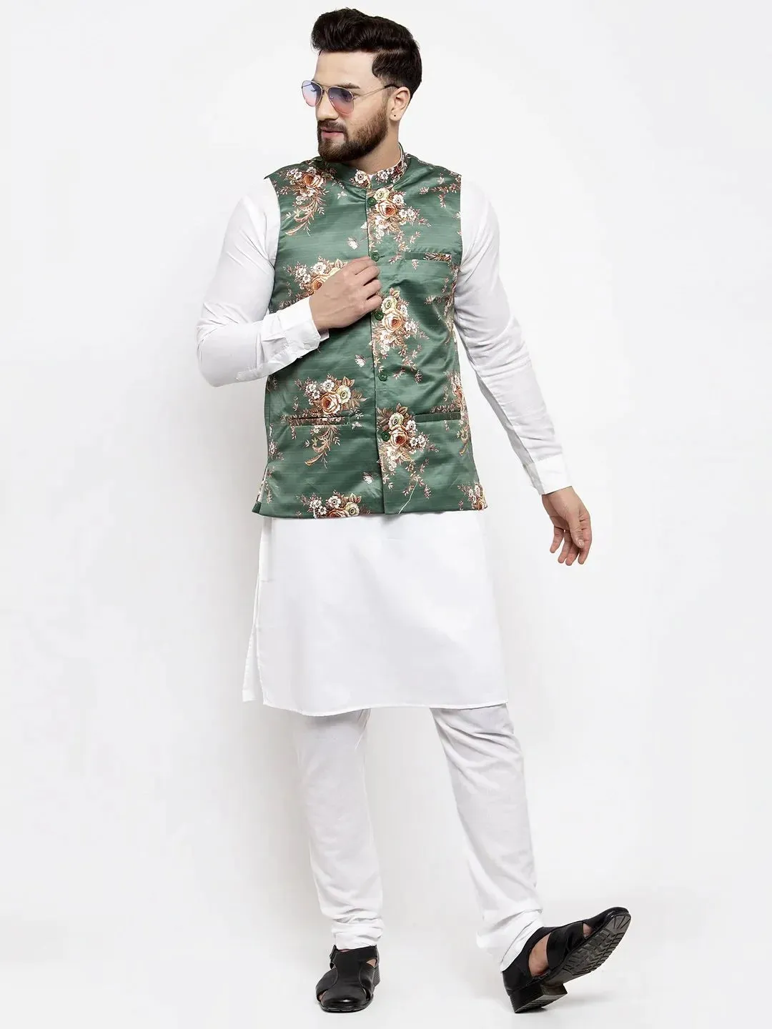 Men Green & Brown Printed Satin Nehru Jacket