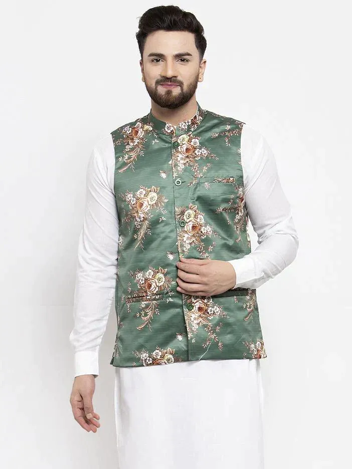 Men Green & Brown Printed Satin Nehru Jacket