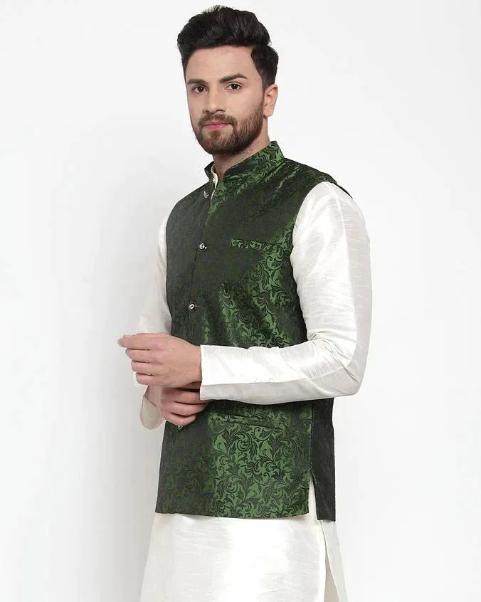 Men Green-Coloured & Black Woven Design Nehru Jacket