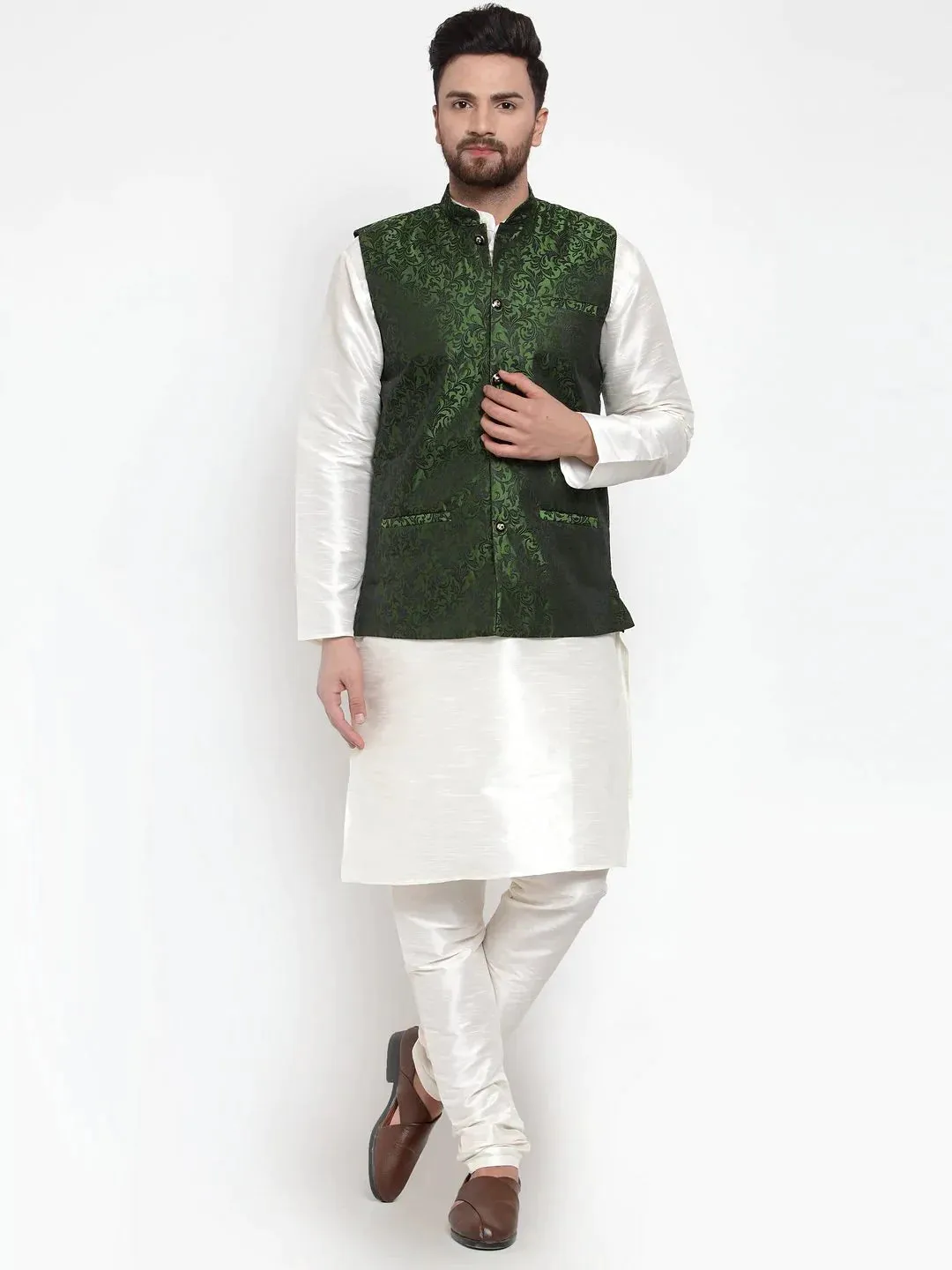 Men Green-Coloured & Black Woven Design Nehru Jacket