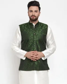 Men Green-Coloured & Black Woven Design Nehru Jacket