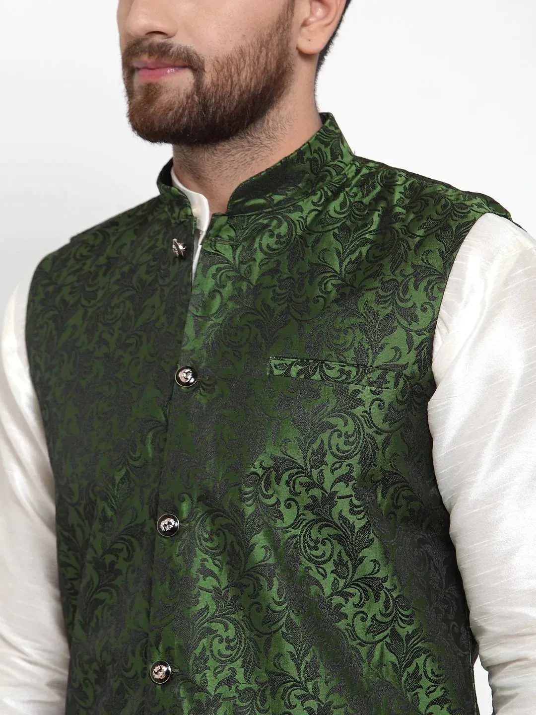 Men Green-Coloured & Black Woven Design Nehru Jacket