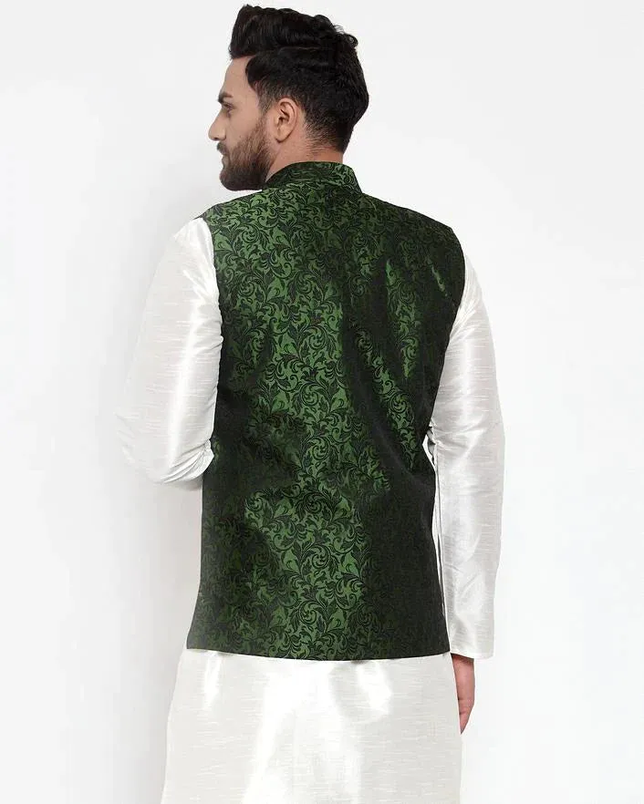 Men Green-Coloured & Black Woven Design Nehru Jacket