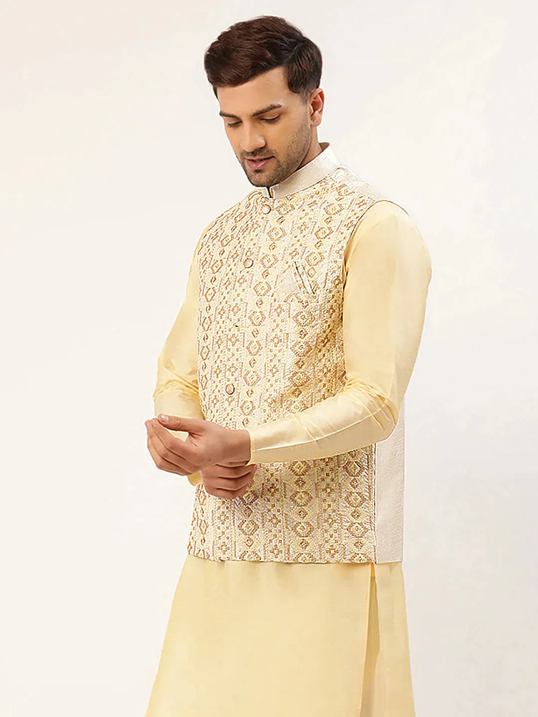 Men White & Gold Embroidered Woven Nehru Jacket