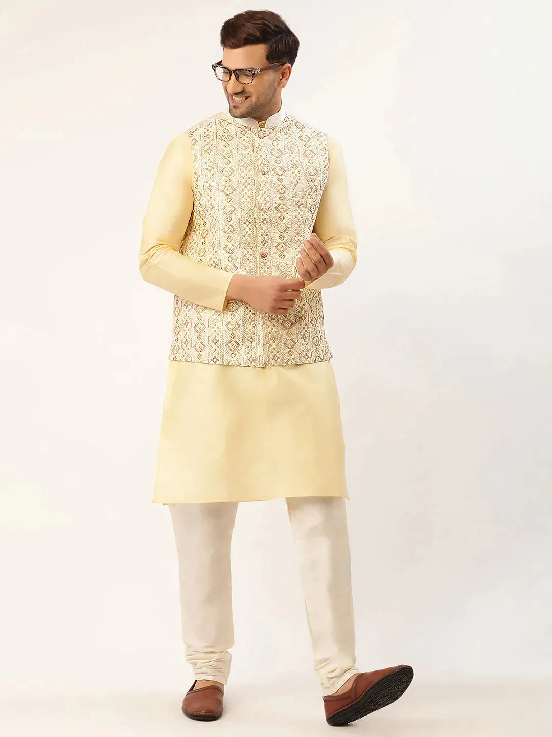 Men White & Gold Embroidered Woven Nehru Jacket