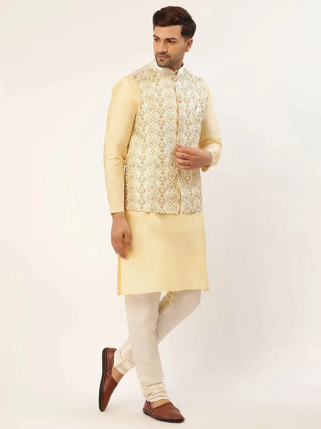 Men White & Gold Embroidered Woven Nehru Jacket