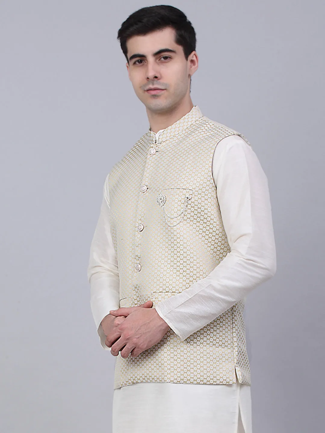 Men'S Beige Woven Design Waistcoats