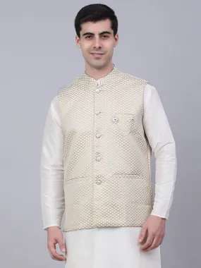 Men'S Beige Woven Design Waistcoats