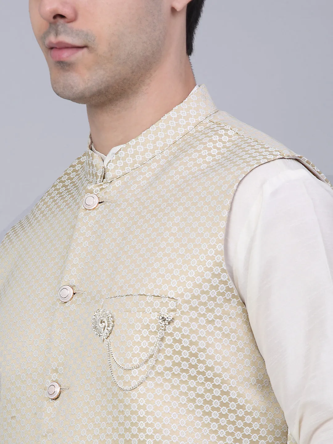 Men'S Beige Woven Design Waistcoats