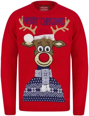 Men's Classic Rudolph Motif Novelty Christmas Jumper in Tokyo Red - Merry Christmas