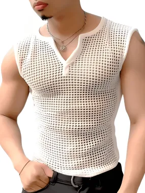 Men's Mesh Hollow Out Solid V Neck Tank Top