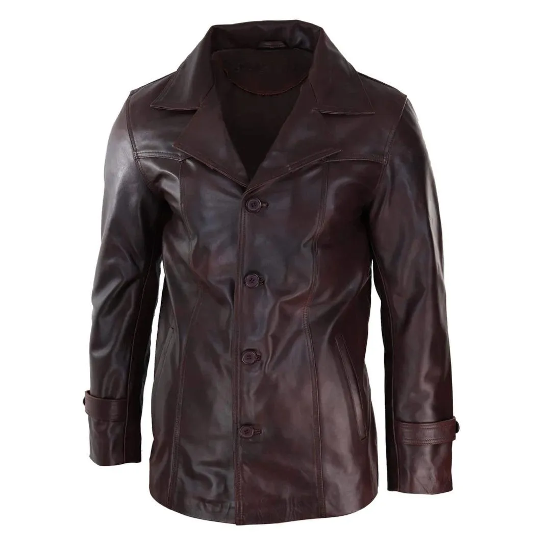 Mens Real Leather Coat Jacket Classic Wine Black Fit Smart Casual