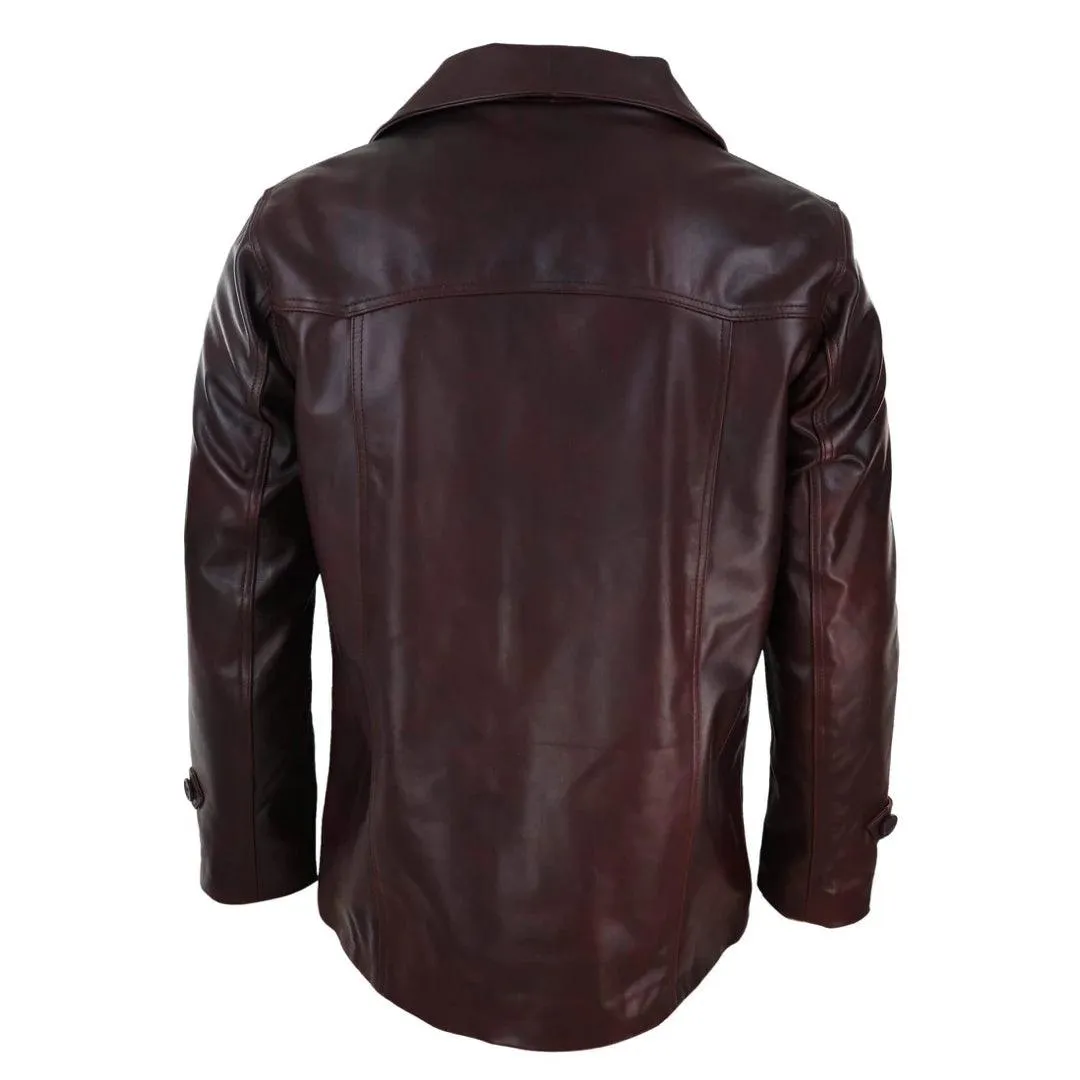 Mens Real Leather Coat Jacket Classic Wine Black Fit Smart Casual