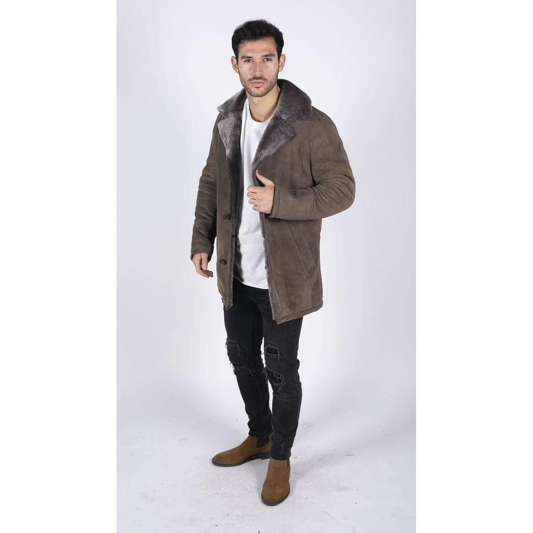 Mens Real Sheepskin Coat Beige Vintage Classic 3/4 Jacket Button Down V Neck