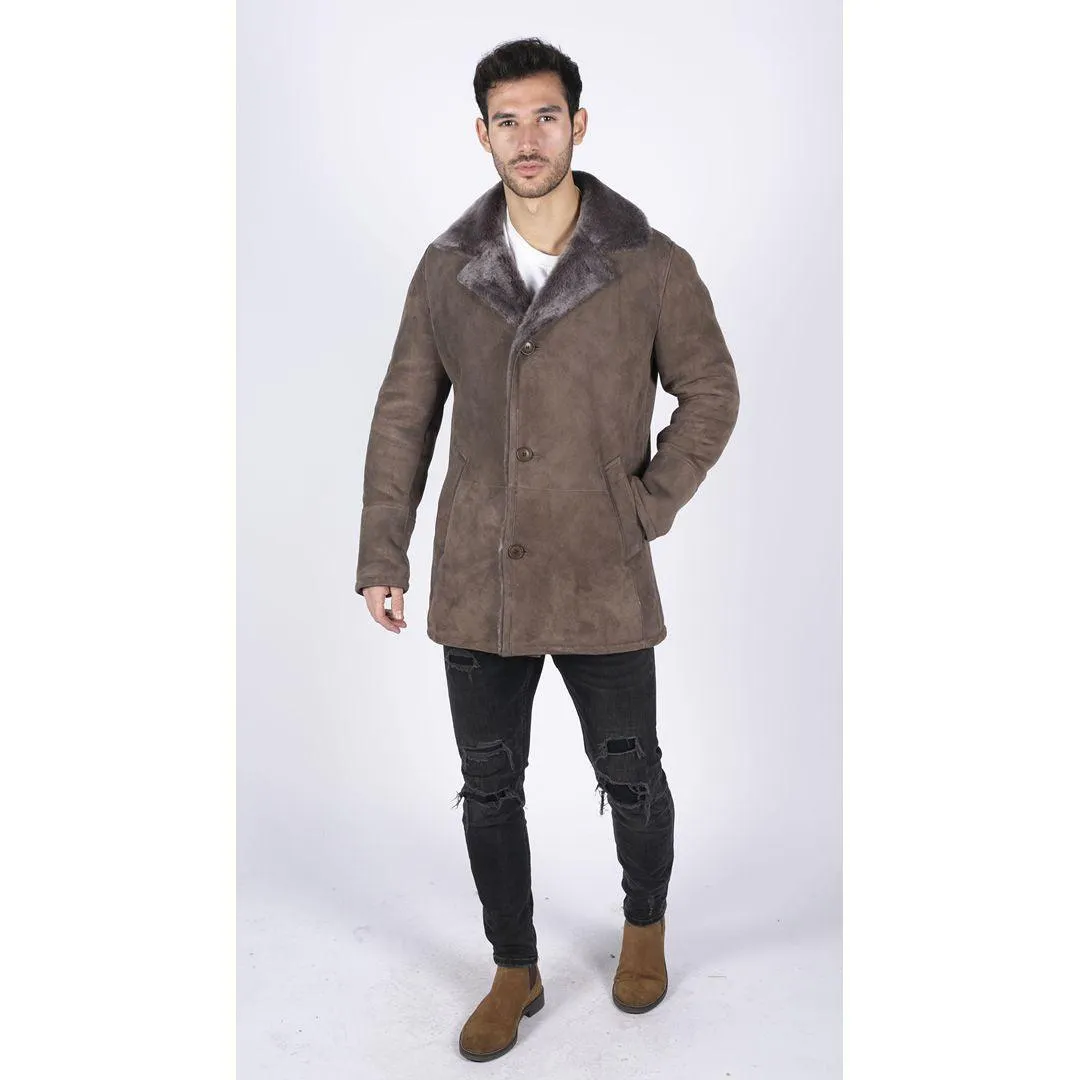 Mens Real Sheepskin Coat Beige Vintage Classic 3/4 Jacket Button Down V Neck