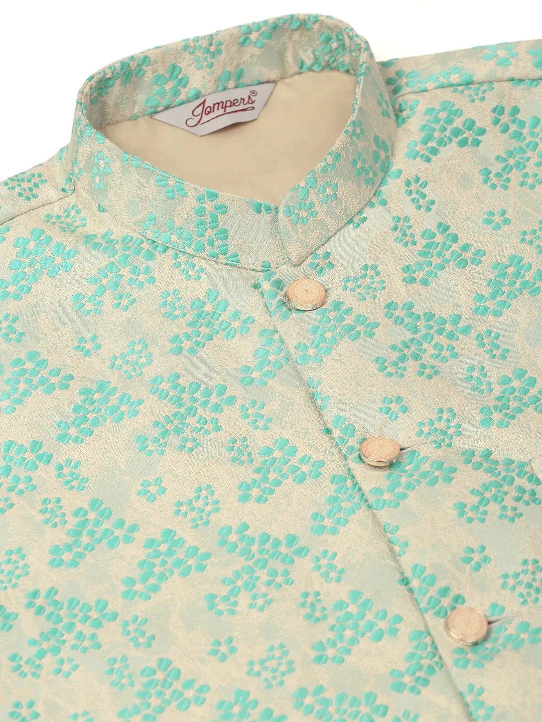 Men'S Solid Kurta Pyjama With Sky Blue Floral Embroidered Nehru Jacket