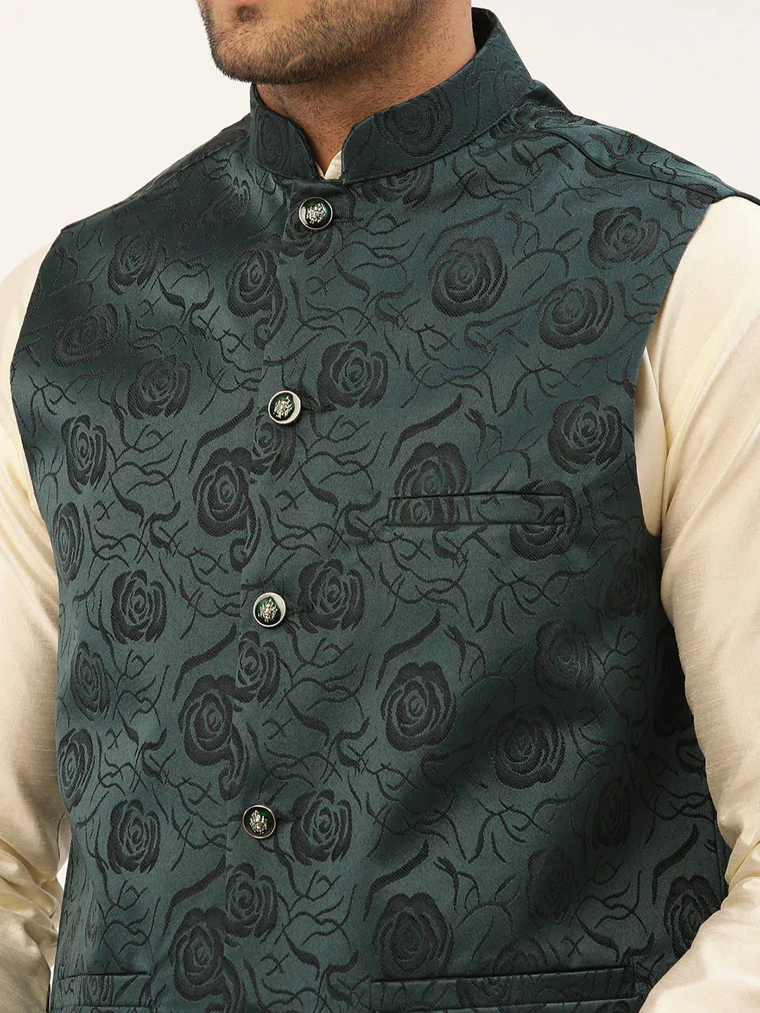 Men'S Teal & Black Embossed Nehru Jacket