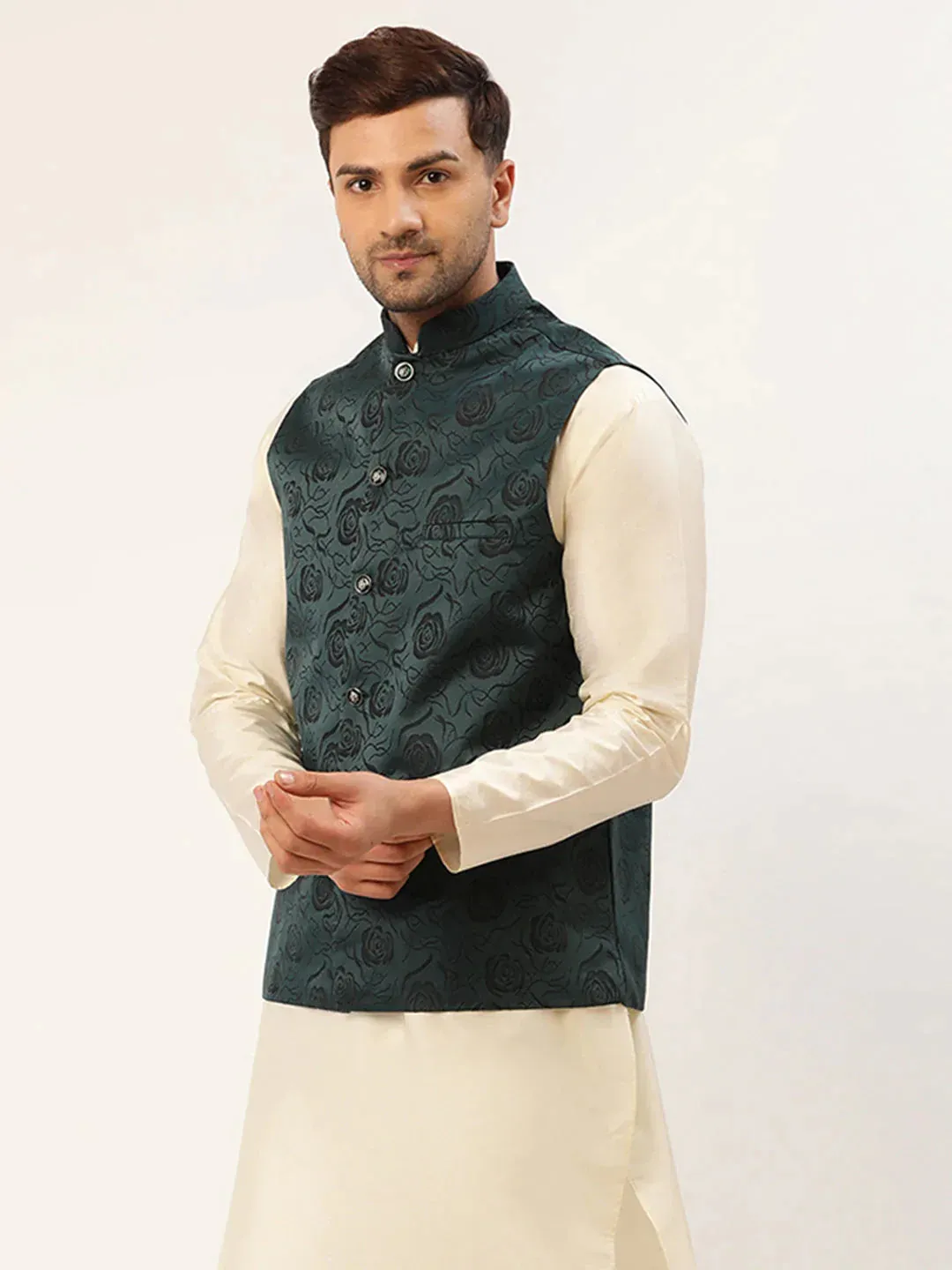 Men'S Teal & Black Embossed Nehru Jacket