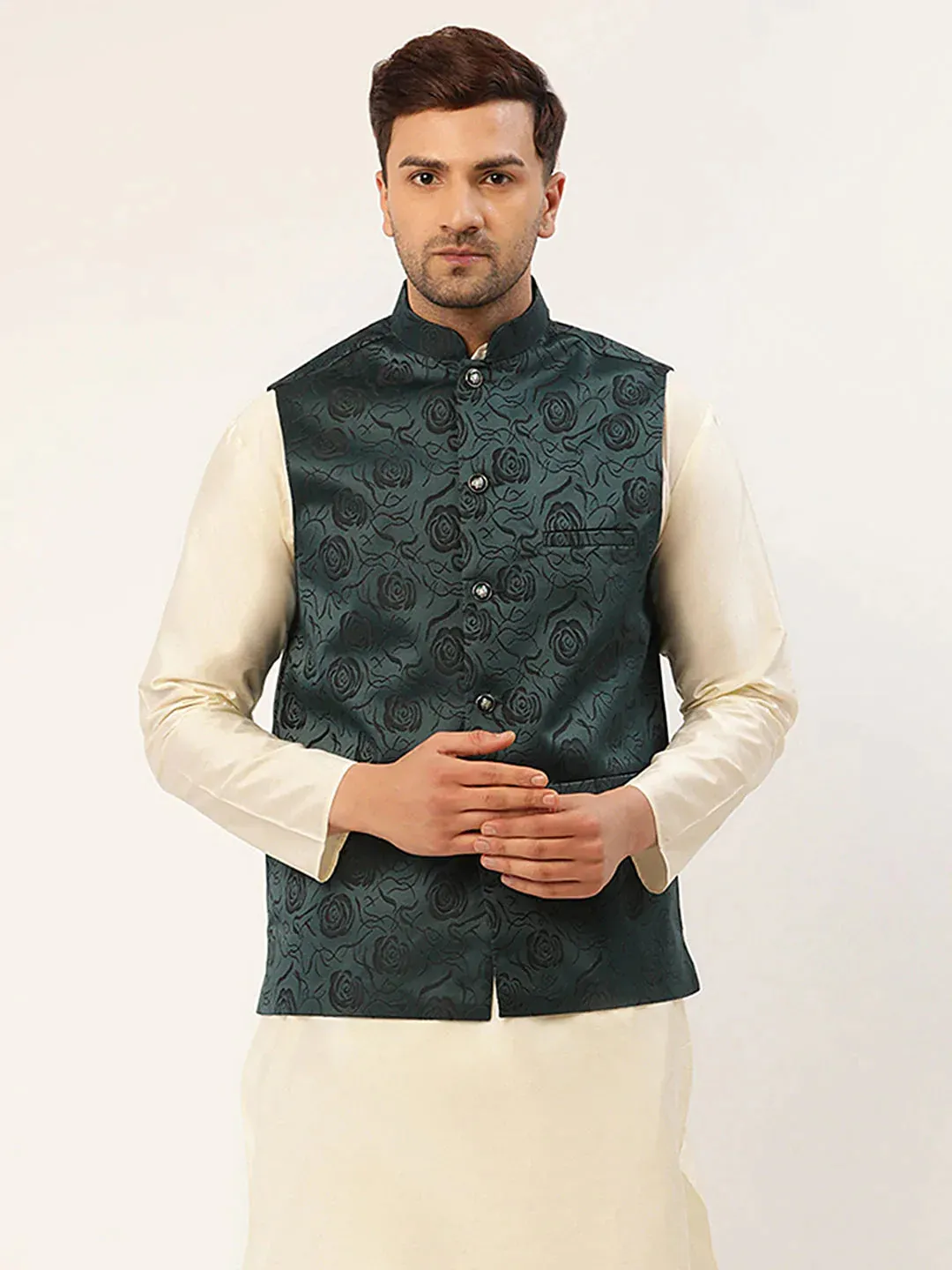 Men'S Teal & Black Embossed Nehru Jacket