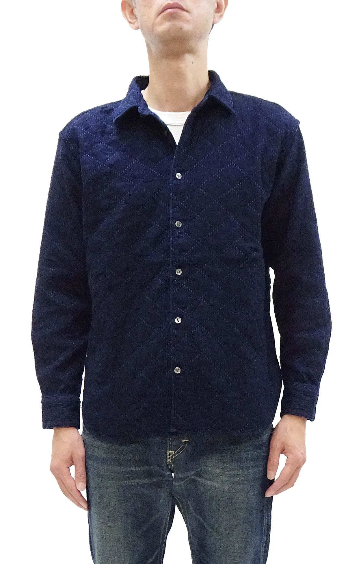 Momotaro Jeans Indigo Sashiko Shirt Men's Casual Japanese Style Long Sleeve Button Up Shirt MXLS1028