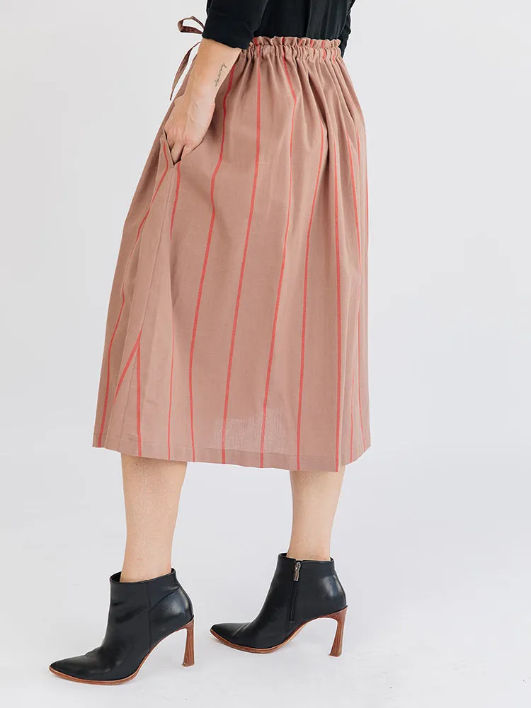 Mya Drawstring Midi Skirt - Cocoa Stripe