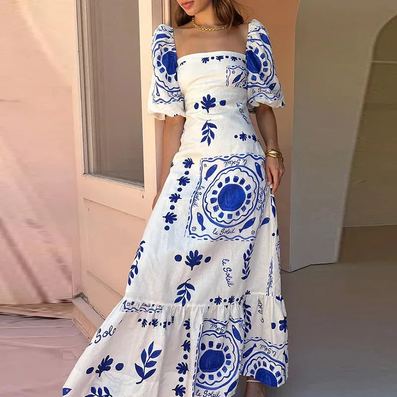 Neck High Waist Long Casual Lantern Sleeve Pleated Floral Print 's Party Summer Square Dress