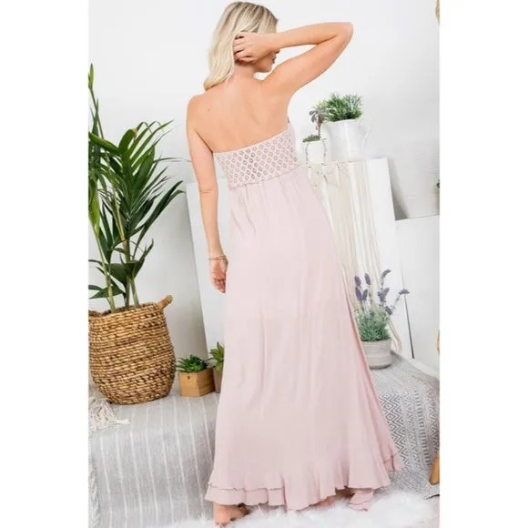 Nude Pink Scallop Crochet Lace Bust Strapless Tube Tiered Skirt Maxi Long Dress