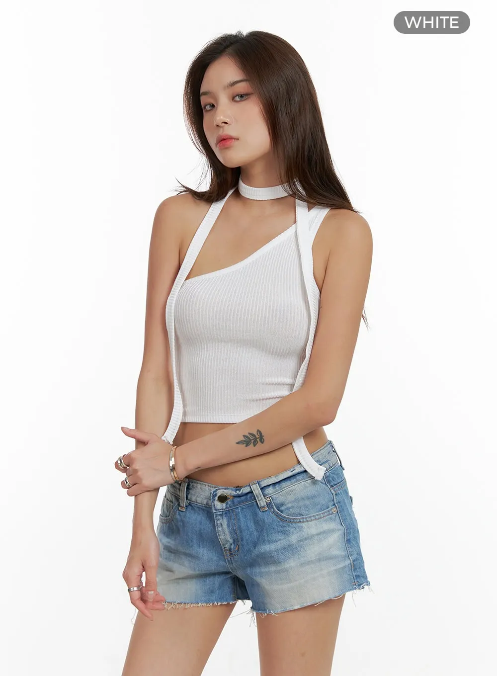 One Shoulder Crop Tank Top with Scarf CL404