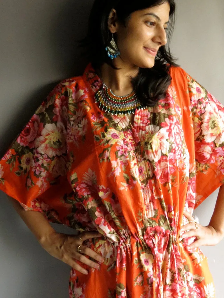 Orange Floral Rosy Red Posy V-Neck Button Down to Waist, Ankle Length, Cinched Waist Caftan-A3fabric Code